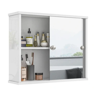 Imagen de kleankin Armario con Espejo de Baño Mueble Colgante para Estante Ajustable y Puerta Corredera Doble Dormitorio 55x15x45 cm Blanco Brillante