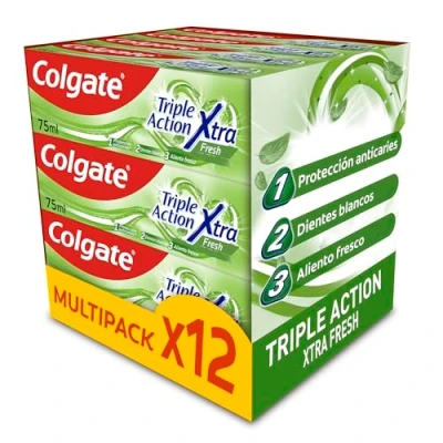 Imagen de Colgate Triple Acción Xtra Fresh Pasta de Dientes, Pack 12 Uds x 75ml, Dentífrico con Flúor, Protección Anticaries, Ayuda a Mantener los Dientes Blancos, Aliento Fresco, para Toda la Familia