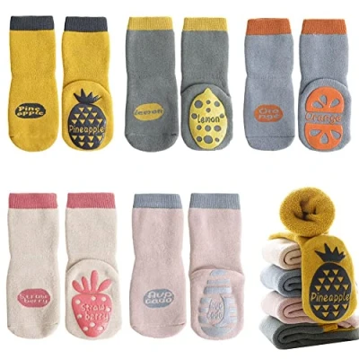 Imagen de FedMois Pack de 5 Calcetines Térmicos Invierno Algodón Antideslizantes para Bebé Niño Niña, frutas, 3 años