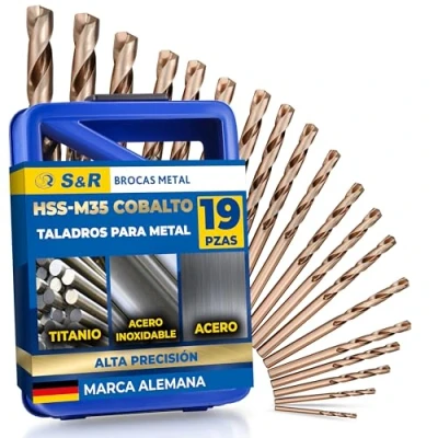 Imagen de S&amp;R brocas HSS para Metal Profesionales. Juego de 19 1,0 a 10 mm, DIN 338, cobalto, cobalto aleado C corte pulido la norma 1412 135 . En solida caja metal.