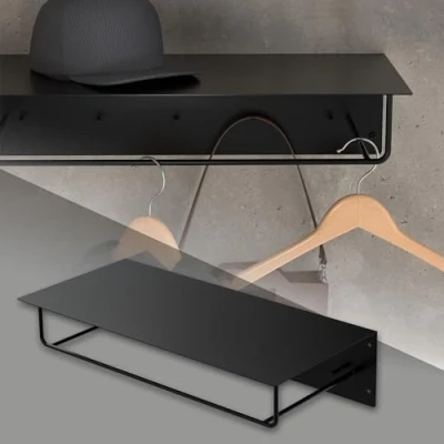 Imagen de ML Design Perchero de Pared con Barra Colgar y Estante Flotante para Sombreros 60x30x15 cm Negro Metálico Vestidor o Armario Pasillo Panel Colgante Entrada Chaquetas Abrigos