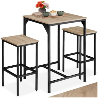 Imagen de TecTake Juego de Muebles Bar, Conjunto taburetes con Mesa para bistró, Set Minimalista Comedor Asientos Estilo Industrial (Madera Clara)