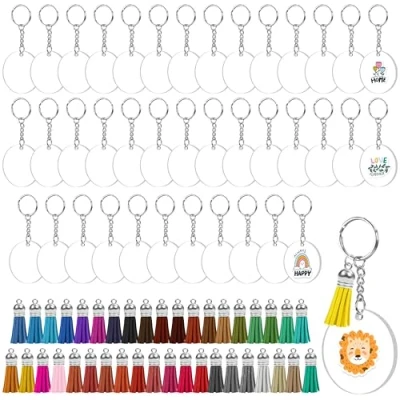 Imagen de Kurtzy Pack de 40 Set Llavero Transparente Circulo en Blanco Acrílico con Colgante Borla Diámetro del 5 cm Llaveros para Manualidades Borlas Decorativas, Proyectos Vinilo y Regalos