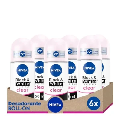 Imagen de NIVEA Black &amp; White Invisible Original roll on en pack de 6 (6 x 50 ml), antitranspirante para una piel suave con fragancia, desodorante proteger la ropa