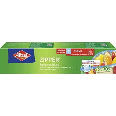 Imagen de Albal bolsas multiusos Zipper porta alimentos herméticas, cierre cremallera, congelan, conservan y transportan comida objetos, para nevera aptas lavavajillas, sin BPA, 8