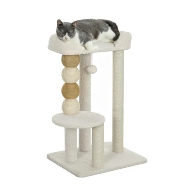 Imagen de PawHut Árbol Rascador para Gatos Altura 76 cm Torre con Revestimiento de Borreguillo Plataformas Bola Colgante y Poste Yute Beige