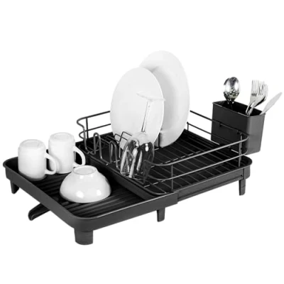 Imagen de Amig Escurreplatos Extensible Vika 41 x (31 52) 16 cm Acero y Plástico Color Negro con Bandeja de Goteo Tapón Drenaje Capacidad para 10 Platos 6 Vasos