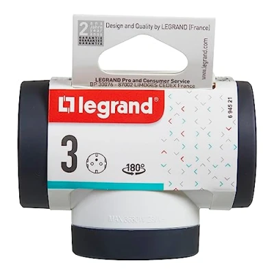 Imagen de Legrand 694521, Adaptatores 2P+T, 3 Tomas Laterales giratorias, Ladron de enchufes, Color Acabado Blanco/Gris Oscuro