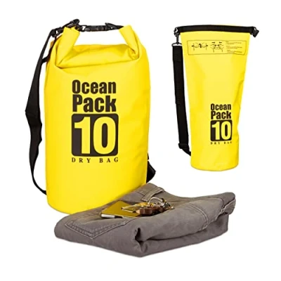 Imagen de Relaxdays Bolsa Estanca 10L Impermeable, PVC, Amarillo, 56 x 30 0.5 cm