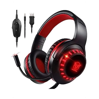 Imagen de Pacrate Cascos Gaming para PS4/PS5/Xbox One/Nintendo Switch/PC, Auriculares con Microfono PS4 Sonido Envolvente Estéreo, Gamer Cancelación de Ruido, Luz LED, Rojo