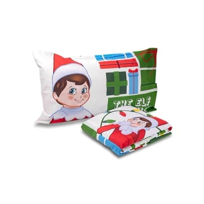 Imagen de The Elf On Shelf Juego de sábanas para Cama Individual, sábana encimera, Bajera Ajustable, Funda Almohada, 100% algodón, diseño navideño