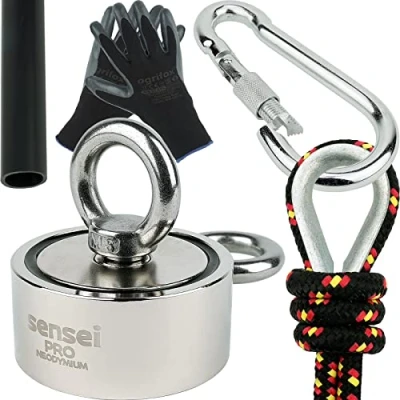 Imagen de Kit SENSEI 150 kg, Imán de Neodimio Doble Cara N52 con Dos Ganchos, Ø6 x H2,7 cm, Cuerda Vela 25 m, Guantes Protección + Accesorios, Set Exploración y Pesca