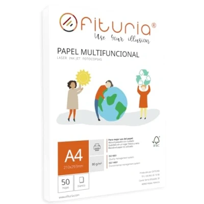 Imagen de Paquete de folios A4 80gr con 50 Hojas Blancas, Papel Multifuncional para Uso Escolar y Entornos Laborales. Ideal impresoras láser, inyección o fotocopiadoras Ofituria (A4, 50h)