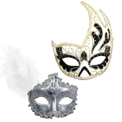 Imagen de 2 Mascara Veneciana para Carnaval con Purpurina Brillante, Media Cara Mujer de Material Resistente Pluma, Baile (Mascara Pluma Blanco Negro)