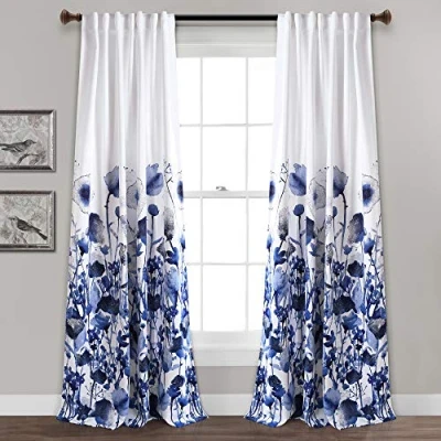 Imagen de Lush Decor Zuri Flora Cortinas para oscurecer la habitación, Juego de Paneles Ventana Sala, Comedor, Dormitorio (par), 95 x 52 Pulgadas, Azul Marino, poliéster