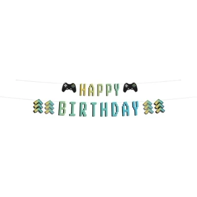 Imagen de Folat B.V. 24968 Videojuegos Set de Guirnalda Letras Feliz Subir Nivel 1,5 Metros Decoraciones para Fiestas Juegos cumpleaños Gaming, Multicolor