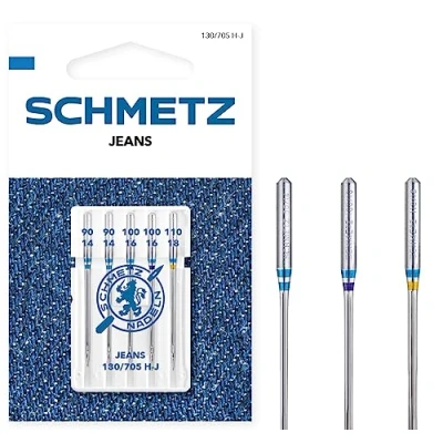Imagen de SCHMETZ Agujas para máquinas de coser 5 Jeans 130/705 H J Grosor aguja 90/14 (2x), 100/16 (2x) y 110/18 (1x) Indicada trabajos costura con pantalones vaqueros
