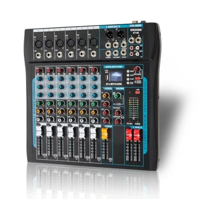 Imagen de mezclador de audio, 6 canales para streaming, profesional con efecto 16 DSP, interfaz audio USB y potencia Phantom 48 V, estéreo DJ PC o escenario