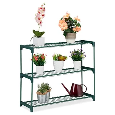 Imagen de Relaxdays Estantería Plantas, Soporte Macetas, Estantes Flores, 3 Baldas, Metal Plástico, 1 Ud, 74,5x91x28,5 cm, Verde