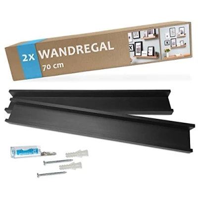 Imagen de PHOTOLINI Juego de 2 estantes para Cuadros MDF Negro 70 cm Incl. Material Montaje Tablero galería estantería Estante Pared