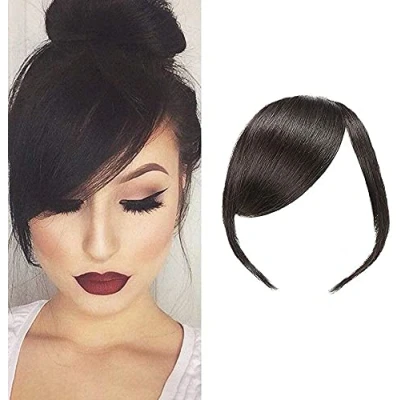 Imagen de Clip In Flequillo Lateral Grueso de Cabello Humano Real Extensiones Flecos Rectos(Color Negro Natural, con Patillas)
