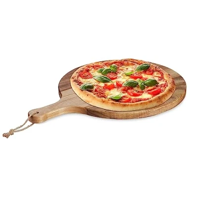 Imagen de Relaxdays Pizzabrett aus Akazienholz Tabla Cortar Pizza XXL, Base Servir Queso, Jamón, Redonda, Ø 35,5 cm, Madera de Acacia, Decorativa, Natural, 2 x 48 cm