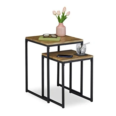Imagen de Relaxdays Set de 2 Mesitas Auxiliares, Apilables, Diseño Industrial, Tamaños, Cuadradas, Metal, Efecto Madera/Negro