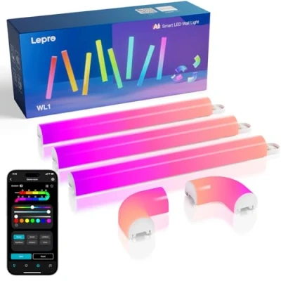 Imagen de Lepro WL1 AI Barras de Luz LED Inteligente Pared, LLM Luces WiFi Funciona con Alexa y Google Home para Gaming Habitación, PC Decoración, RGB Sync Música Control Voz, 8Pcs+4Esquinas