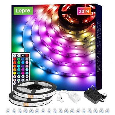 Imagen de Lepro 20M LED Tira (2x10M), Tiras de Luces RGB, 5050 SMD luz LED, 12V, Autoadhesiva con Control Remoto 44 Teclas, Flexible, Cadena para casa, fiesta, bar