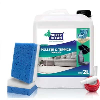 Imagen de SUPER CLEAN Limpiador concentrado para tapicería y alfombras, todo tipo de tapicería, asientos coche, sofá o diván. Contenido: 2 L + esponjas