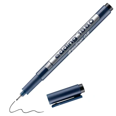 Imagen de edding 1880 rotulador calibrado negro x1 ancho de línea 0,8 mm para escritura precisa, esbozos y dibujo técnico punta fina con soporte metálico, adecuado usar reglas plantillas