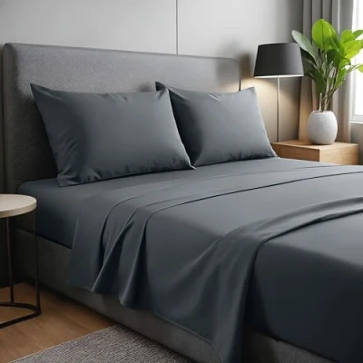 Imagen de gobedreams Juego de Sábanas 4 Piezas 150x190/200. Cama Poliéster Microfibra cepillada. Sábana Plana, Sabana Bajera Ajustable y 2 Fundas Almohada. Color Gris Oscuro