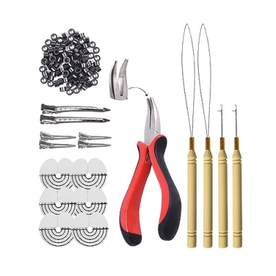 Imagen de Kit de herramientas extensión cabello 1pcs Alicates punta curva + 200pcs Anillos para el silicona Micro Links Beads 2pcs Agujas tirar del cabello(1# negro)
