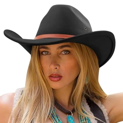 Imagen de DRESHOW Sombrero de Vaquero para Mujers y Hombres Vaquera Western Clásico con Cinturón Hebilla Enrollado ala Ancha Grande Fedora Unisex
