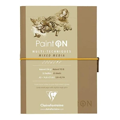 Imagen de Clairefontaine 975183C Un cuaderno cosido de papel dibujo Paint&#039;On 64 páginas naturales, 14,8 x 21 cm, 250 g, cierre elástico, tapa blanda Kraft