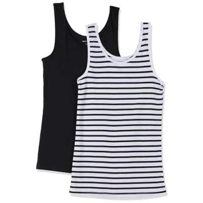 Imagen de Amazon Essentials Camiseta ajustada sin mangas Mujer, Pack de 2, Blanco Rayas/Negro, L