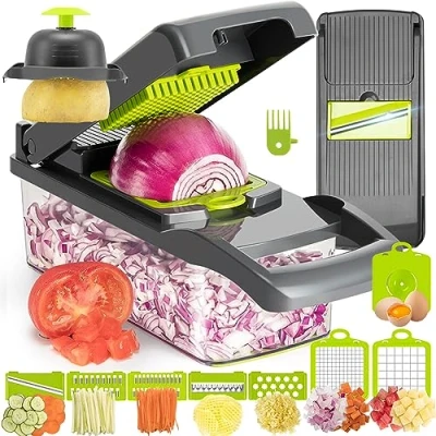 Imagen de KEOUKE cortador de verduras 12 en 1, verduras, alimentos, con contenedor protección mano, cesta drenaje, gris