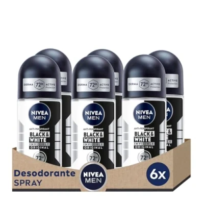 Imagen de NIVEA MEN Black &amp; White Invisible Original Roll on pack de 6 (6 x 50 ml), desodorante antimanchas cuidado masculino