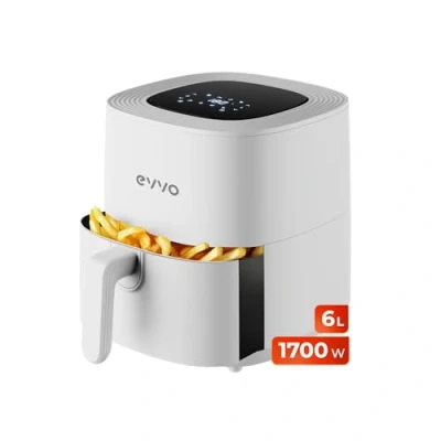 Imagen de EVVO Freidora Aire Sin Aceite de 6L, 1700W, Recipiente Antiadherente, Tecnología Dual Cyclone, Multifunción, Hornea, Deshidrata, Descongela, Hasta 200º, Apagado Automático (Color Blanco)