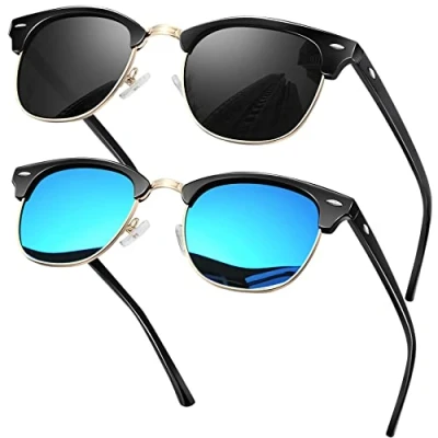 Imagen de KANASTAL 2 Pares Gafas de Sol Azul Polarizadas Hombre y Mujer Medio Marco Espejo Clásico Retro Vintage Elegant UV400 Negras + Doradas Negro