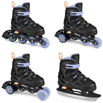 Imagen de SPOKEY QUATTRO Set 4 en 1 patines línea/patines de ruedas, triskates/patines hielo ajustables, para niños y jóvenes, convertibles línea, tallas: 30 33, 34 37, 38 41 (negro/morado,