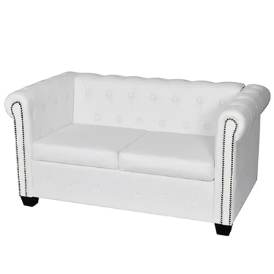 Imagen de vidaXL Sofá Tipo Chesterfield Blanco de 2 Plazas Revestimiento Cuero Artificial