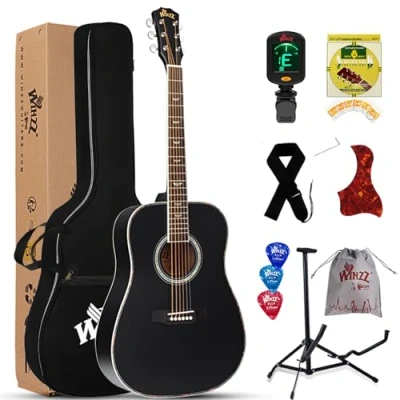 Imagen de Winzz Guitarra Folk Acústica 4/4 Adulto Negra Para Principiantes, Incluye Funda, Afinador, Correa, Púas, Un Juego Extra de Cuerdas Y Soporte La