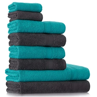 Imagen de Tuiste Juego de Toallas Gris Turquesa 8 Piezas, 2 Baño (70x140) + 4 Manos (50x90) para la Cara (30x50), Súper Suave y Altamente Absorbente, Lujosas 100% algodón
