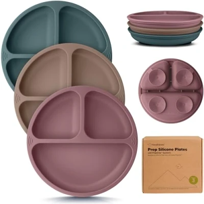 Imagen de Plato de bebé, niño pequeño Set 3 Platos bebé 100% silicona con ventosa, infantil dividido compartimentos, silicona, sin BPA, aptos para microondas (Rocky)