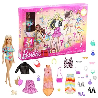 Imagen de Barbie Day to Night Calendario de adviento Navidad Muñeca con 24 accesorios sorpresa, ideal para regalo (Mattel GXD64)