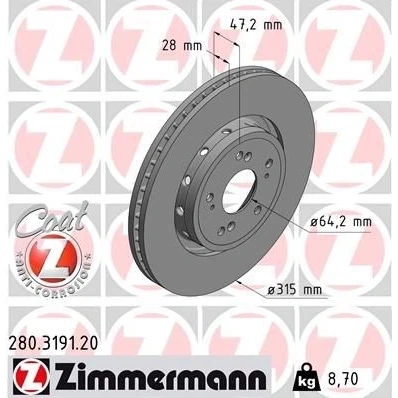 Imagen de ZIMMERMANN 280.3191.20 Disco de freno 315 28 9/5 5 114 ventilación externa revestido HONDA: CR V 4