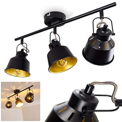 Imagen de lámpara de techo Safari, metálica en negro/oro, 3 luces, con focos ajustables, x casquillo E14, foco diseño retro/vintage, sin bombilla(s)
