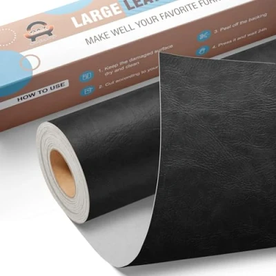 Imagen de Polipiel Adhesiva para Tapizar Grande, Cuero Adhesivo 40 x 80 cm, Kit de Parche Reparación Autoadhesivo Asientos Automóviles, Sofás, Sillas Nuevo Negro
