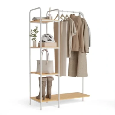 Imagen de Newlux Burro Ropa Resistente Hasta 35kg Hangy Wood 400 con Zapatero. Perchero Metálico de Gran Estabilidad Fácil Montaje Base Antirayaduras Incluye 4 estantes (492x42x150cm)Blanco